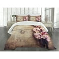 thumbnail image 3 of Ambesonne Flower Quilted Bedspread Set 3 Pcs, Spring Blossom on Wood, King Size, Pink Brown, 3 of 5