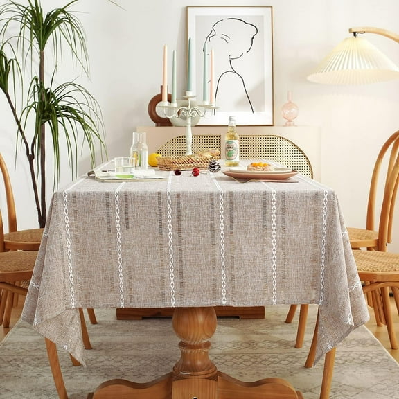 60 x 120 inches Farmhouse Style Linen tablecloths, Wrinkle Resistant Washable Dining Room Table Cloths for 8 Foot Rectangle Tables - Hemstitch Light Coffee