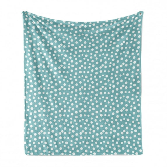 Turquoise Soft Flannel Fleece Blanket, Retro Vintage 60s 50s Inspired Geometric Polka Dots Romantic Art Print, Cozy Plush for Indoor and Outdoor Use, 50" x 60", White and Pale Blue, by Ambesonne