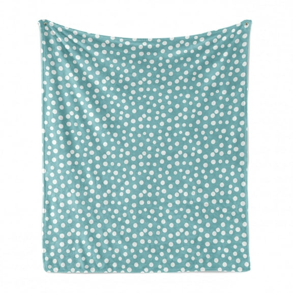 Turquoise Soft Flannel Fleece Blanket, Retro Vintage 60s 50s Inspired Geometric Polka Dots Romantic Art Print, Cozy Plush for Indoor and Outdoor Use, 50" x 70", White and Pale Blue, by Ambesonne