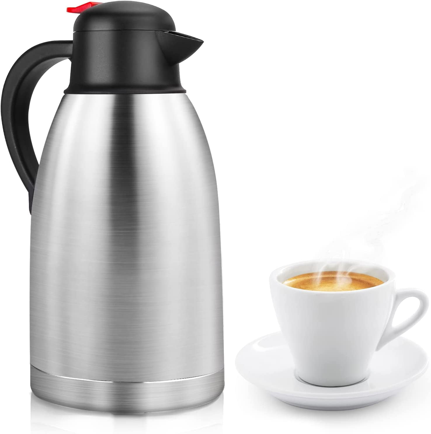 DERCLIVE Thermal Coffee Carafe 68oz Double Wall Vacuum Coffee Thermos Stainless Steel Insulated Airpot Thermal Pot Flask Water Beverage Dispenser 12 Hour Heat Retention/24 Hour Cold Retention