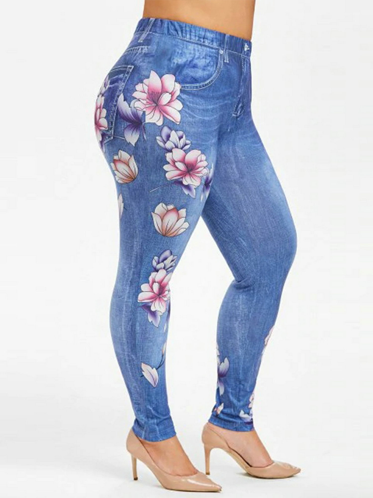 FASHIONWT Women Plus Size Stretch Skinny Jeggings Floral-Print Faux Denim  Leggings