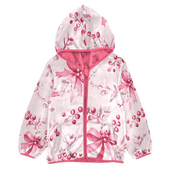 BZSMCE Double-Sided Sherpa Fleece Hooded Zipper Jacket Pink Bow Cherry Pattern Print Warm Outerwear