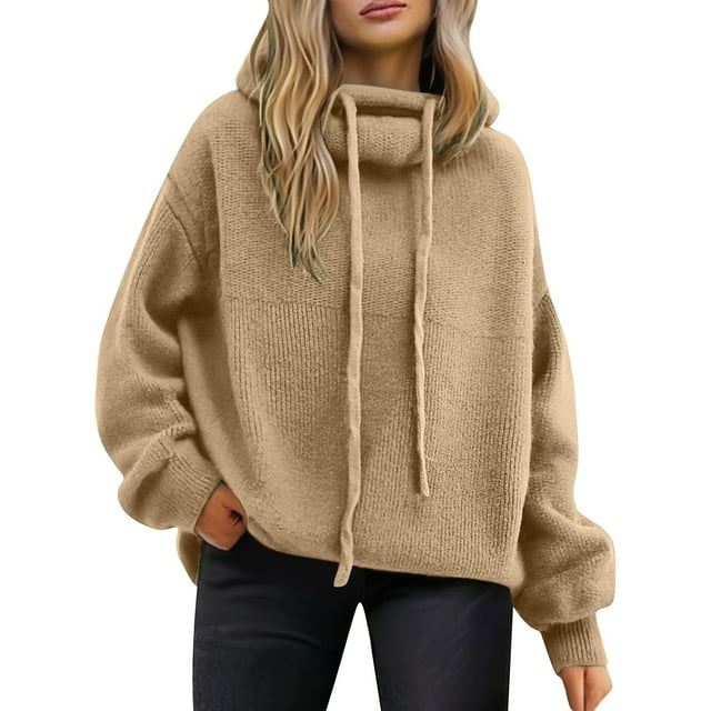 Comdrip Fall Sweaters for Women 2025 Pile Collar Lazy Style Sweater for Women Solid Color Loose Thick Sweater Top Turtleneck Loose Sweater Ladies Sweaters, Khaki M
