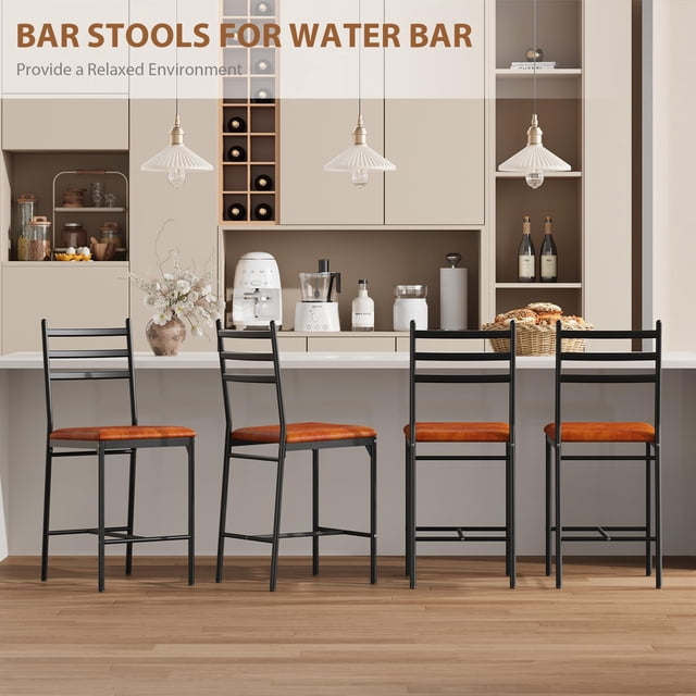 Modern Upholstered Bar Stools Set – Cushioned Seat, Curved Ladder Back, Metal Frame, Footrest – Counter Height Dining Chairs for Kitchen Island, Restaurant or Apartment – Vintage Brown, 2-Pack