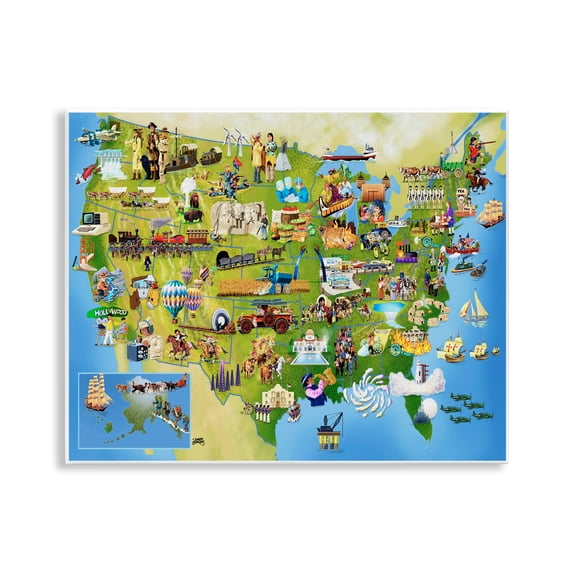Stupell Industries US History Landmark Map Map Painting Unframed Art Print Wall Art, 14 x 11