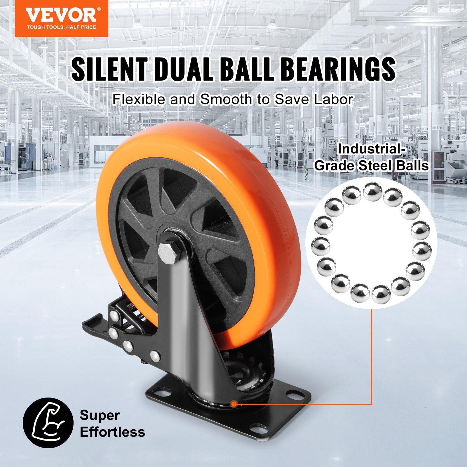 Non-Marking 6" Swivel Plate Casters - 4-Pack with Security Lock, 700lbs Capacity, PVC Wheels for Furniture/Cart