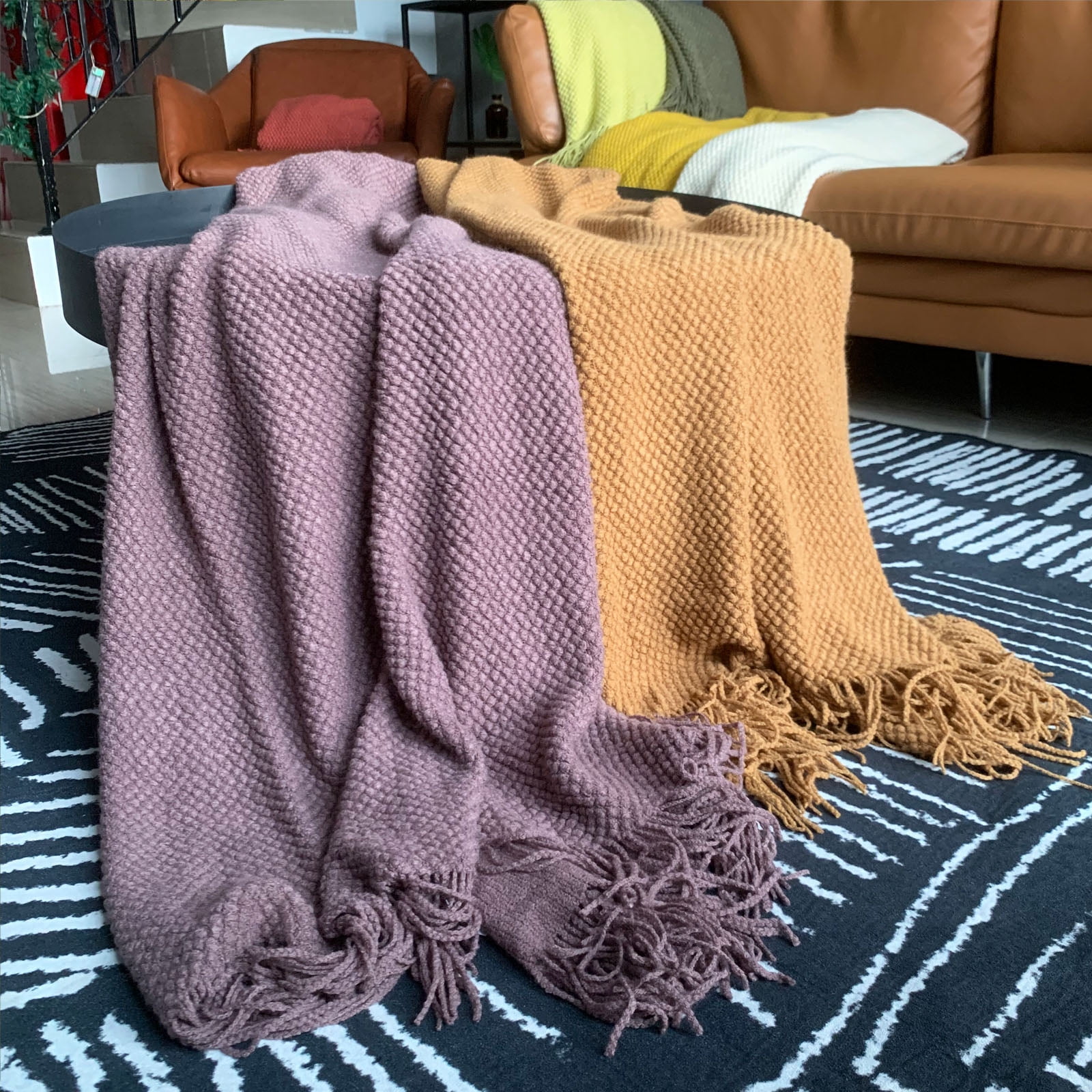 LOMAO Knitted Throw Blanket with Tassels Bubble Textured Lightweight Throws for Bed,Chair,Sofa,Living Room,Home Decor (Pale Lavendar,50*60 in)