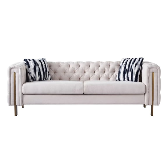 84.25" 2-Seat Sofa, Modern Fabric Upholstered Loveseat Couch with Button Tufted Backrest and Armrest, Standard Sofa with Metal Legs and Thicken Seat Cushion for Living Room Office, Beige
