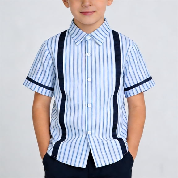 QIUOMBBP Short Sleeve Stripped Shirts for Boys Button Down Collar T-shirts Casual Loose Fit Back to School Clothes Light Blue 5-6Years