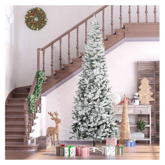 9ft Snow Flocked Pencil Christmas Tree - Realistic Artificial Holiday Tree with 1084 Branches - Indoor Festive Decor - Easy Assembly & Detachable Base