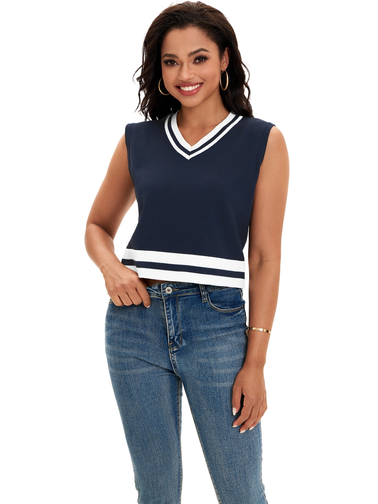 DARING DIVA Women's Cropped Sweater Vest Summer Tank Tops S Dark Blue White