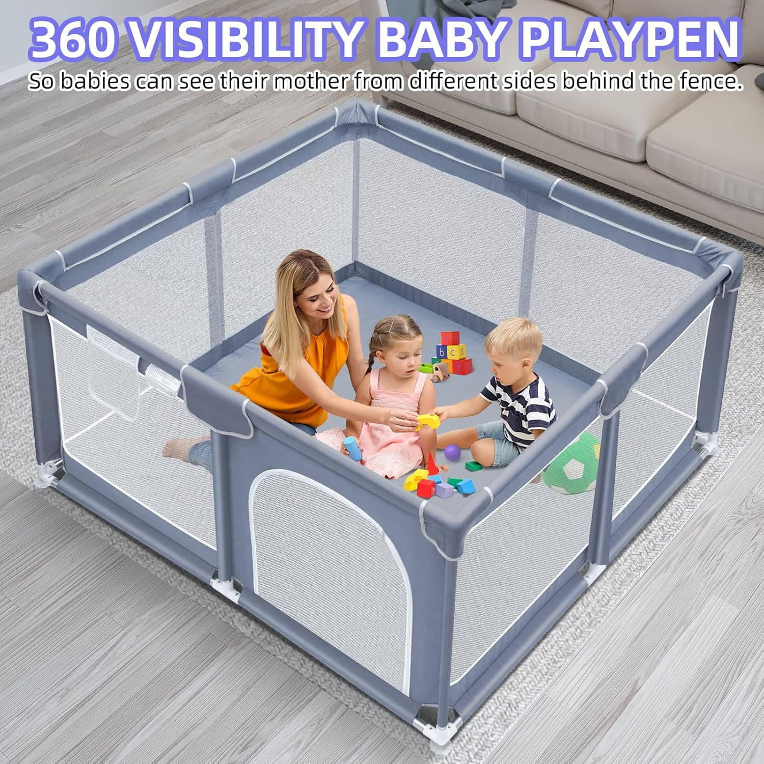 kmaier Baby Play Yards, Large Infant Travel Fence,Sturdy Secure Playpen,for Toddler,Gray