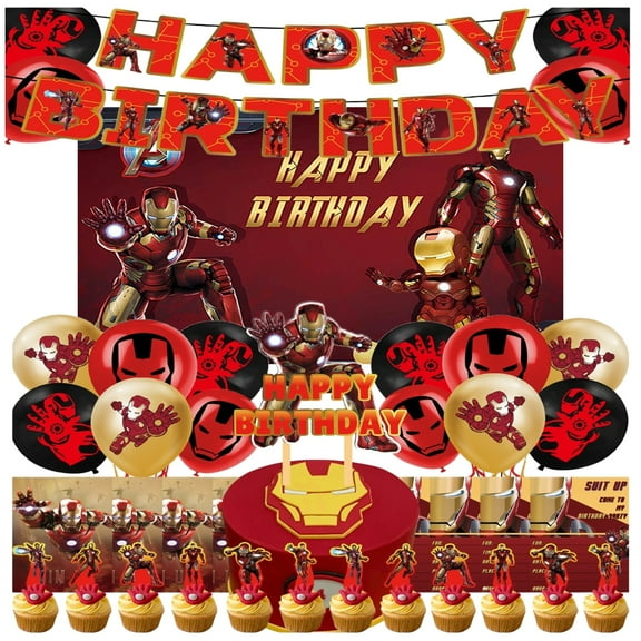 Iron Man Happy Birthday Decorations - Birthday Party Supplies, Banners, Backdrops, Balloons, Cake Toppers