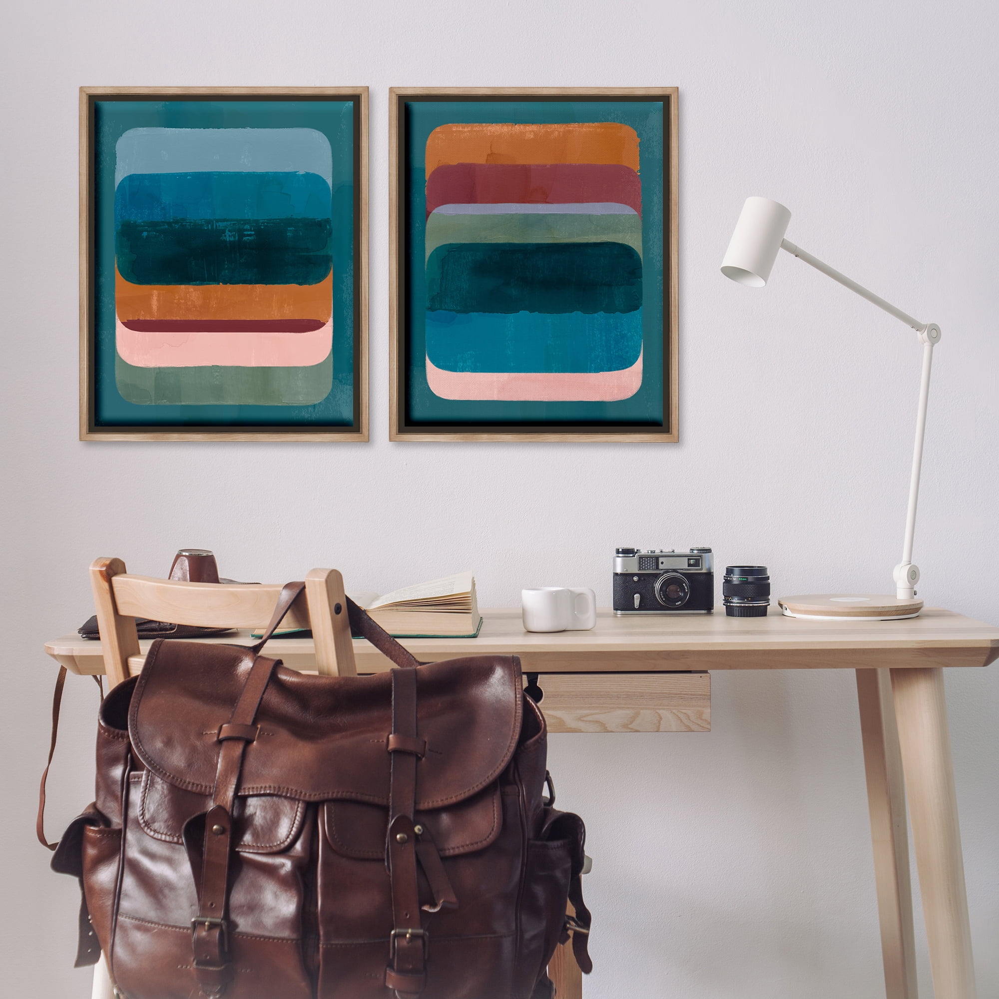 Stupell Industries Abstract Teal Stacked Colors Abstract Painting Brown Floater Framed Canvas Art Print Wall Art, 31 x 25, Set of 2