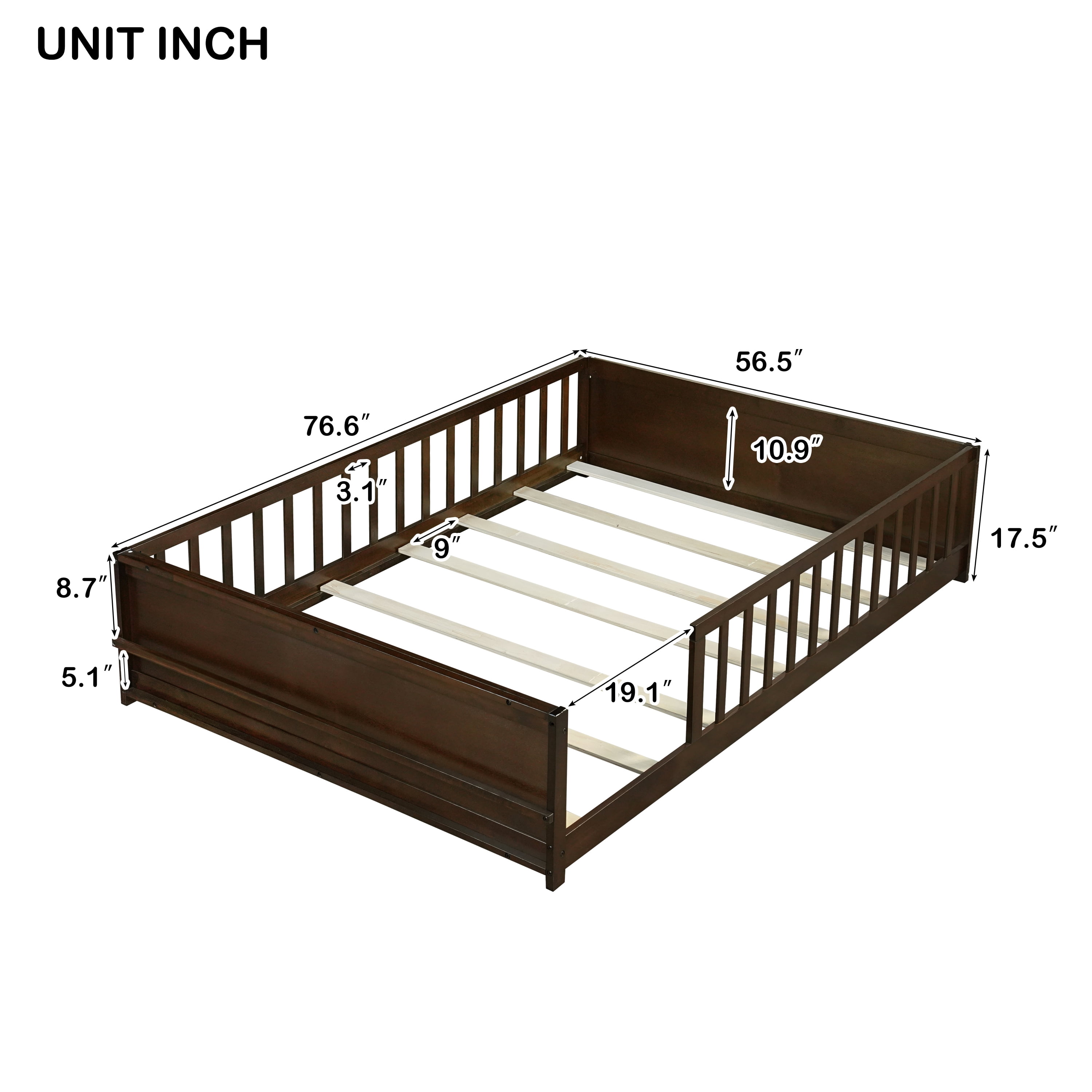 Miniyam Full Size Kids Floor Bed with Guardrails and Bookshelf, Wooden Low Profile Bed, Espresso