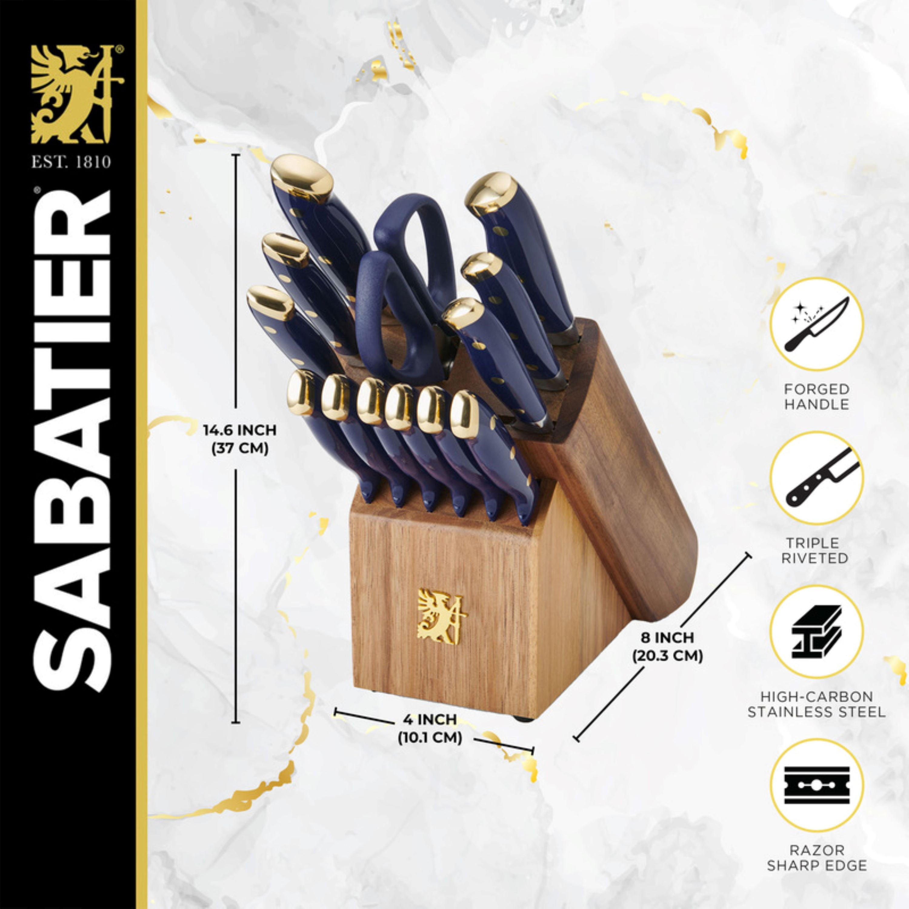 Sabatier 14 Piece Forged Triple Rivet Knife Block Set with Navy Handles and Brass Accents