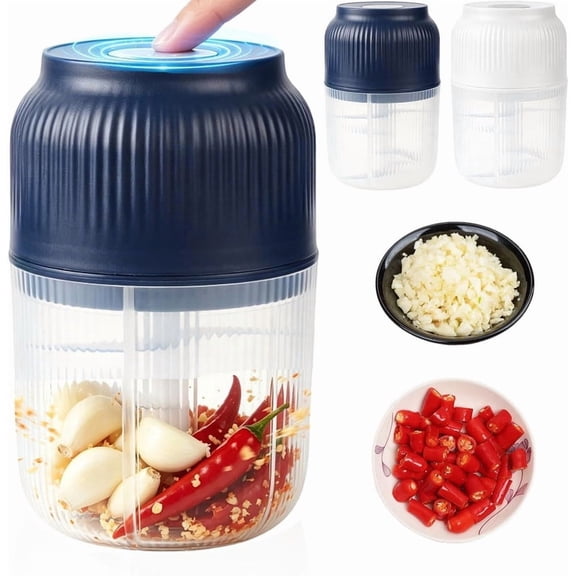 Electric Garlic Chopper, 400ml Rechargeable Cordless Mini Food Processor with 6 Stainless Steel Blades, Portable Garlic Mincer & Vegetable Chopper for Onion, Ginger, Chili, Meat, Blue