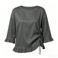 thumbnail image 5 of thefmos Women's Fall 3/4 Sleeve Ruffle Blouses Round Neck Drawstring Ruched Tops Casual Boho Pullover Shirts Solid Fashion Clothes for Vacation, Gray 2XL, 5 of 6