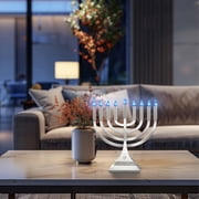 Zion Judaica 9 LED Hanukkah Menorah Silver Powered by Batteries or USB Type C Cable Flameless Chanukkah Candleholder USB Electric Minorah Bulbs Chanukah Decoration Lights Hanukkiah