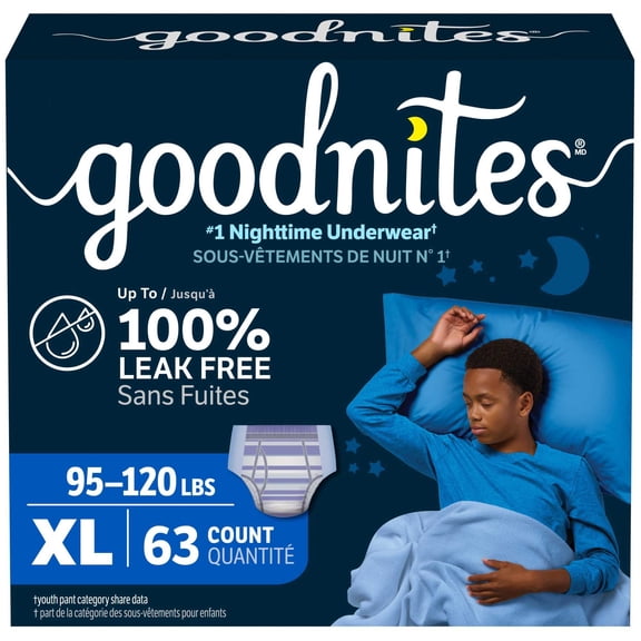 Sous-vêtements de nuit Goodnites pour garçons, taille TG (43 à 54 kg [95 à 120 lb]), 63 sous-vêtements