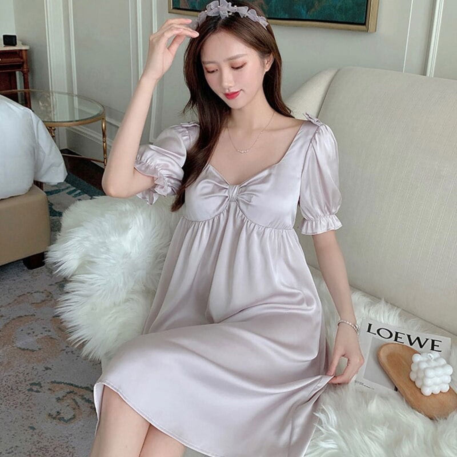 Ladies Silk Short Nightgown W/ Lace - Dress Album