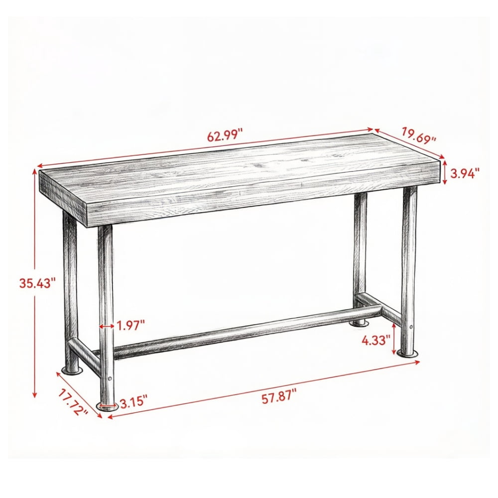 Solid Wood Bar Height Dining Table, Industrial Metal Legs, 66.5 in L