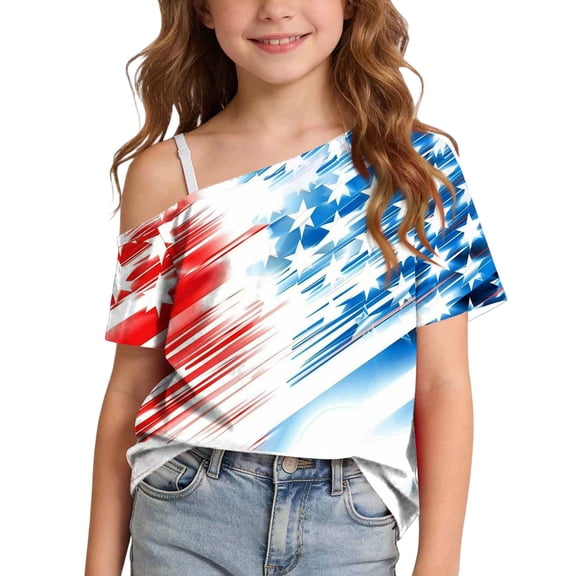 FAVIPT Fourth of July Usa Girl Shirt Summer 250 Years American Flag Tshirt One Shoulder Patriotic Shirts Independence Day Tee Multicolor,11 Years