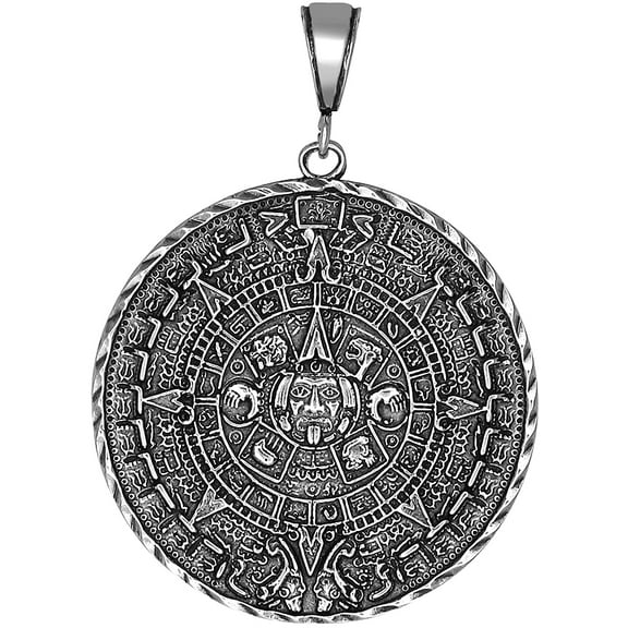 Sterling Silver Aztec Calendar Charm Pendant Necklace Antique Finish with 24 Inch Figaro Chain