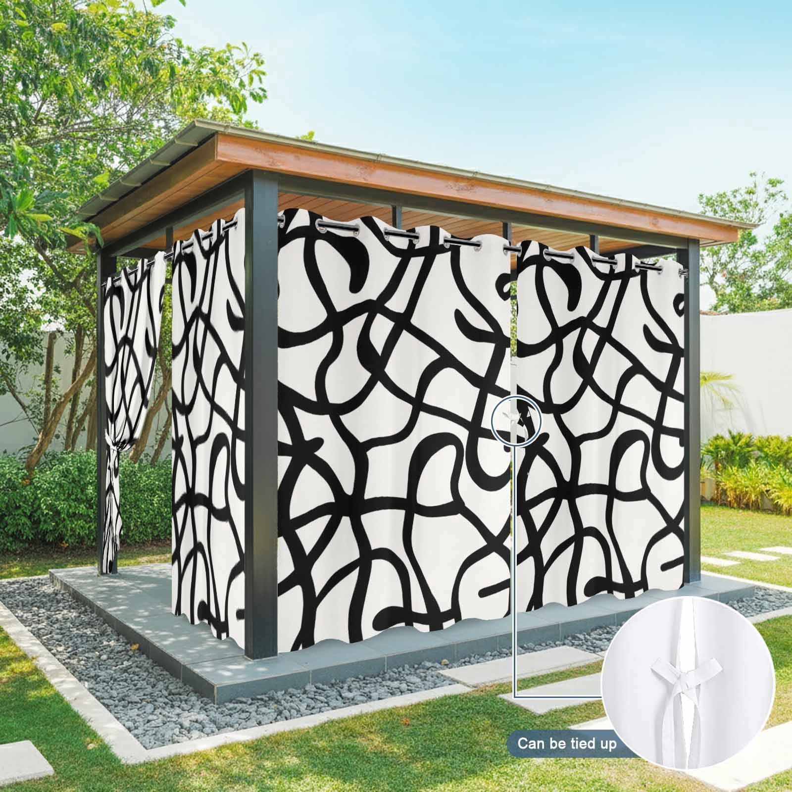 Abstract Line Outdoor Curtains for Patio, Retro Black Wave Line Art White Minimalist Sunshade Privacy Drapes Grommet Waterproof Outside Curtains for Porch/Cabana/Balcony 54"x 108", 1 Panel