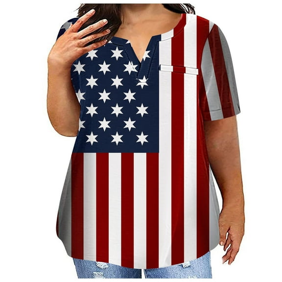 Fartey Plus Size Women American Flag Shirt 4th of July Patriotic V Neck T Shirts Independence Day Graphic Tees Summer Short Sleeve Tops Gifts Clothes Blue XXXL