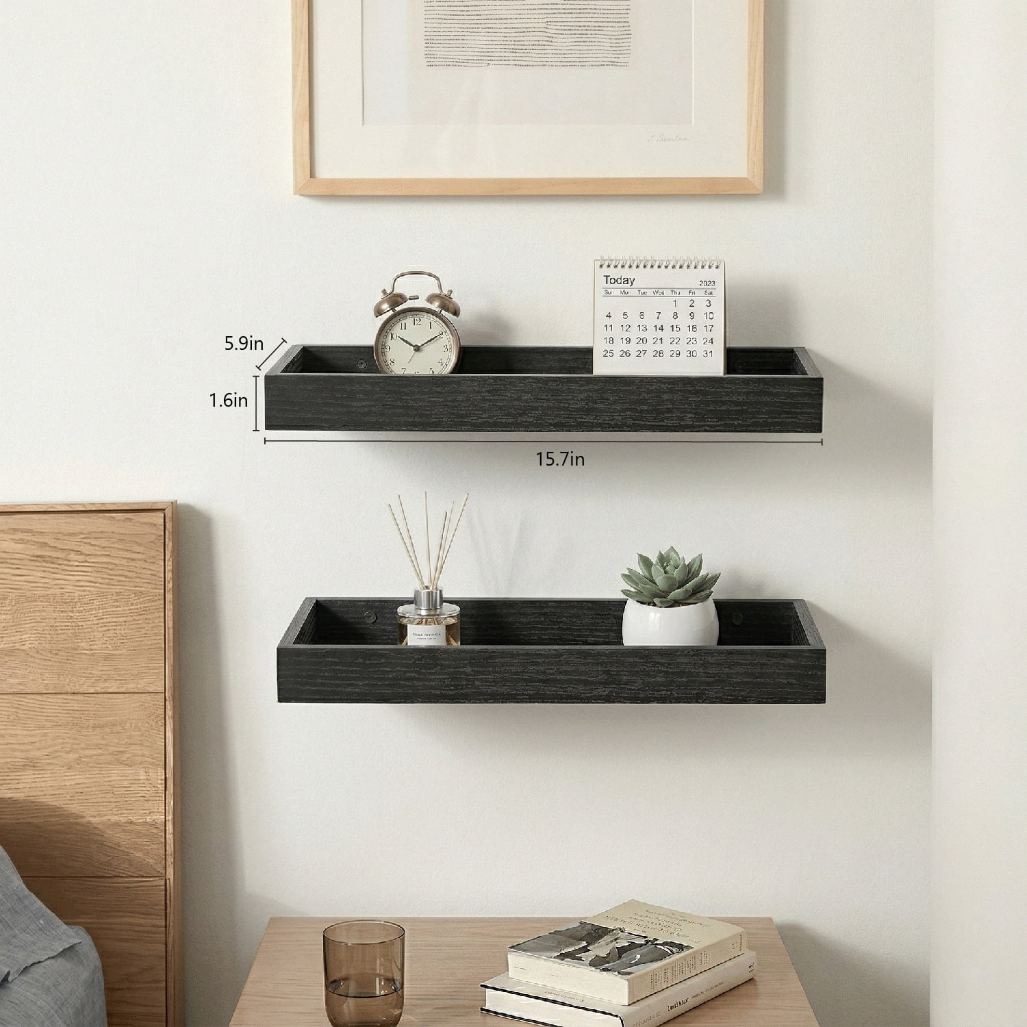 Mifurn 15.7" Floating Shelves for Wall, with Raised Lip, Set of 2, Black