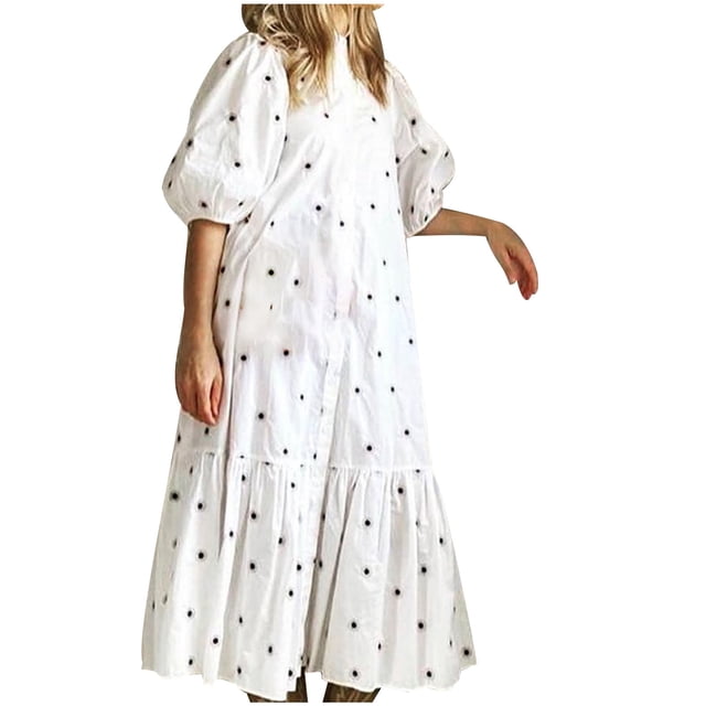 AherBiu Robe d'Été pour Femmes à Pois, Boutonnée, Manches 1/2, Décontractée, Ample, à Volants, Longue
