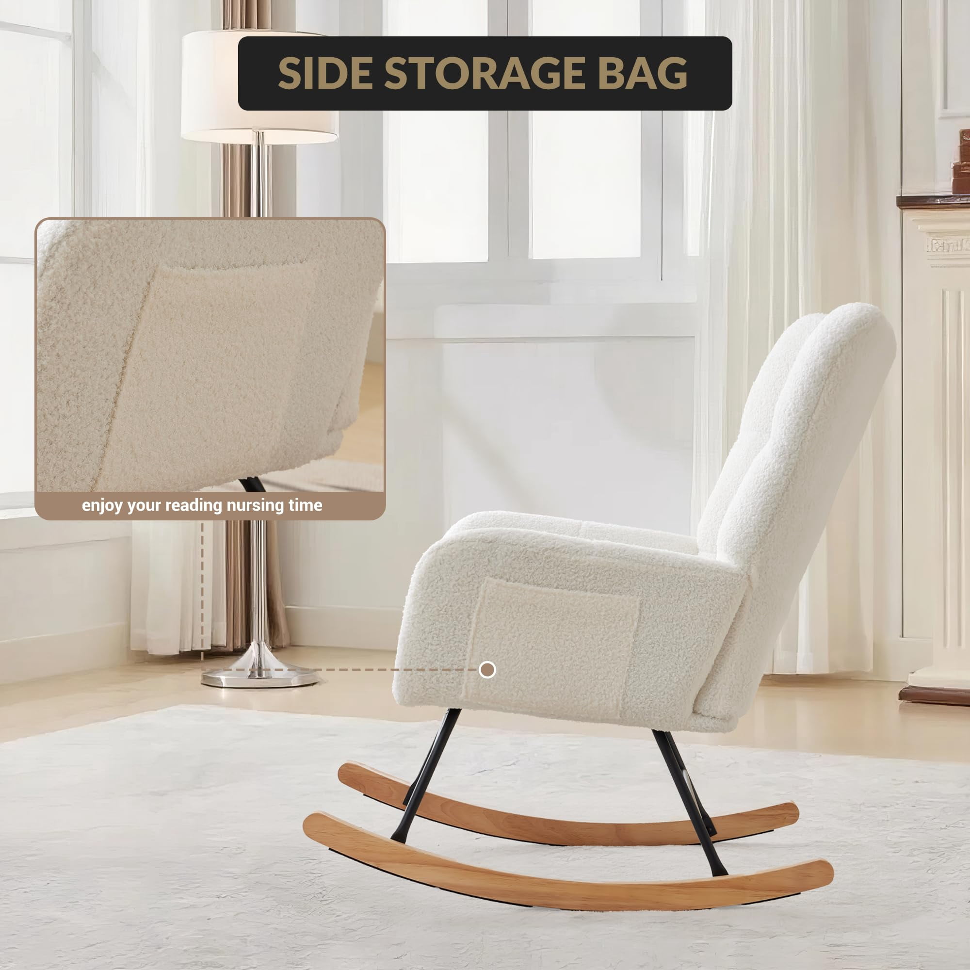 300Lbs Load-Bearing Nursery Glider Rocking Chair, Teddy Upholstered, High Backrest & Armrests, Side Pockets, Padded Seat, High Backrest, Armrests, Metal Legs & Wood Base for Living Room, Bedroom
