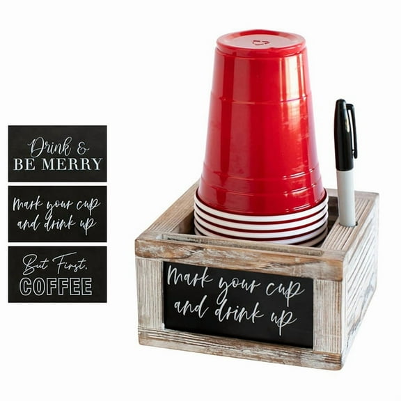Wooden Mark Your Cup and Drink Up Holder-Cup Organizer with Interchangeable Signs Coffee Holder Marker Slot