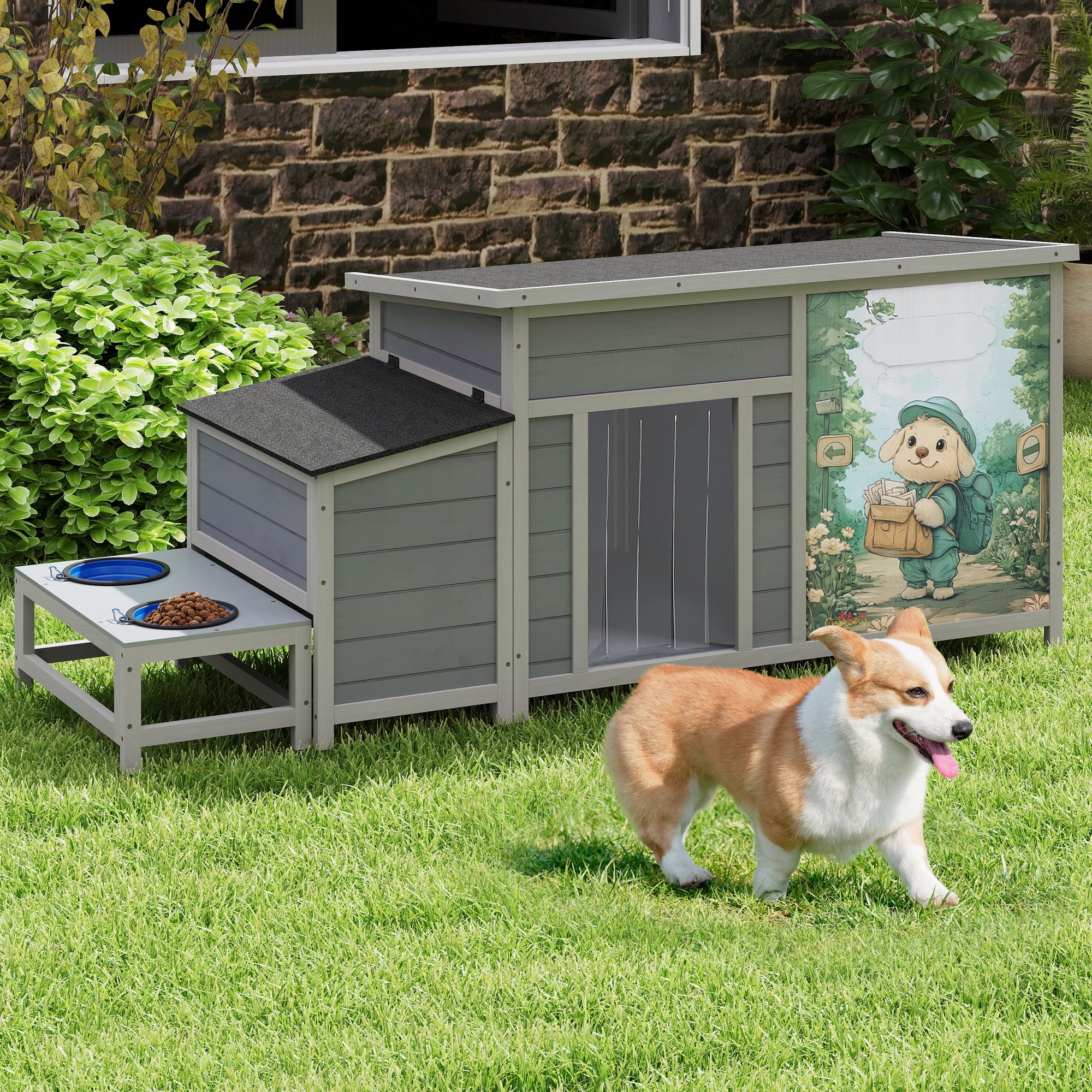 Jaxpety Dog House Outdoor Wooden Dog Kennel for Medium to Large Dogs with Weatherproof Roof, Slow Food Bowls, Storage Box