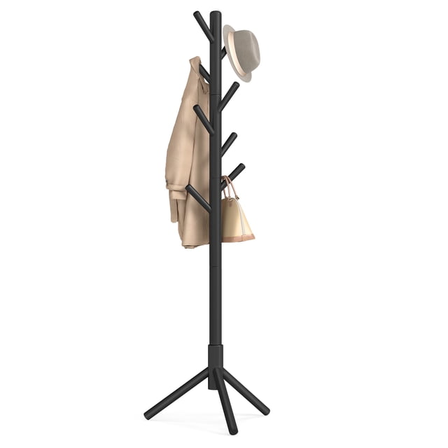 vasagle perchero, madera maciza, en forma de árbol, 8 ganchos para chaquetas, sombreros, para pasillo, ganchos y barra de soporte de madera de caucho, negro rcr004b01v2 perchero de pie negro tipo árbol con ocho ganchos en tres niveles, poste cilíndrico y base trípode; ganchos y barra de madera de caucho con acabado lacado negro; muestra chaqueta, bolso y sombrero colgados; dimensiones 46.3 x 40.3 x 174.5 cm, montaje con piezas roscadas incluidas; también suele usarse como perchero auxiliar en entradas o dormitorios.
