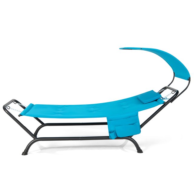 Gymax Chaise Lounge Bed w/ Detachable Sunshade Canopy Hammock w/ Rustproof Metal Stand Blue