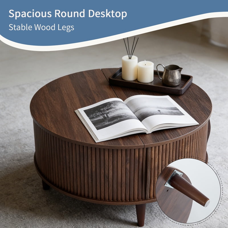 Gianna Coffee Table, Round Coffee Tables with Storage, Fluted Center Table for Living Room, 31.69" Mid Century Modern Table with Sliding Cabinet Door, 2-Tier Rustic Wood Desktop, Brown