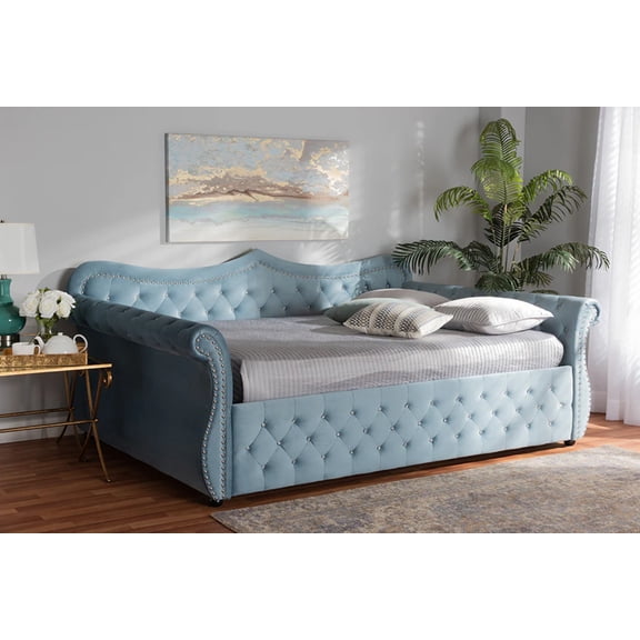 Baxton Studio Abbie Traditional and Transitional Light Blue Velvet Fabric Upholstered and Crystal Tufted Queen Size Daybed