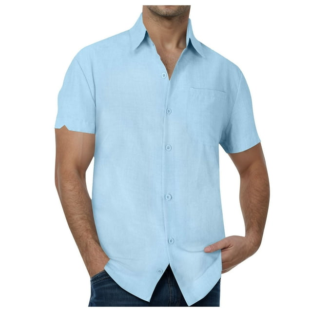 Ramiter Chemises pour Hommes Chemise Décontractée à Manches Courtes Classique Tissée à Boutons Bleu Clair,TG
