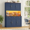 thumbnail image 3 of Hiphuta 72" Tall Kitchen Pantry Storgae Cabinet with RGB LED, Hutch Cabinet with Charging Station and Adjustable Shelves for Dining Room, Blue, 3 of 8