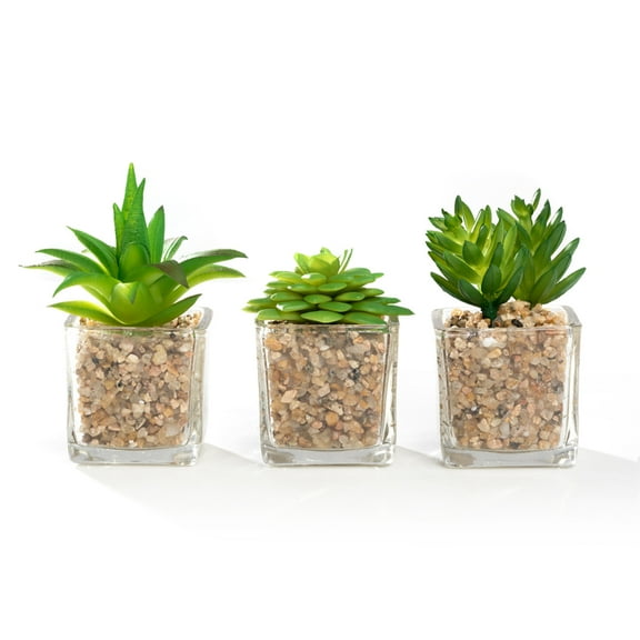 K-Cliffs 2" Modern Mini Artificial Succulent Plants Potted in Cube-Shape Clear Glass Pots for Home Decor, Set of 3