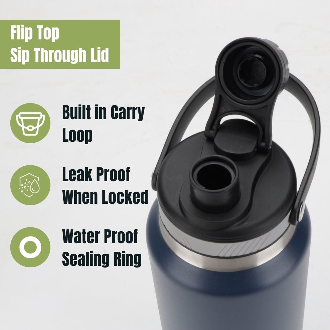 Ozizo Thermos for Water, 1 Liter Insulated Stainless Steel Bottle with Flip Top Lid, Leakproof Double Wall (2 Bottles)