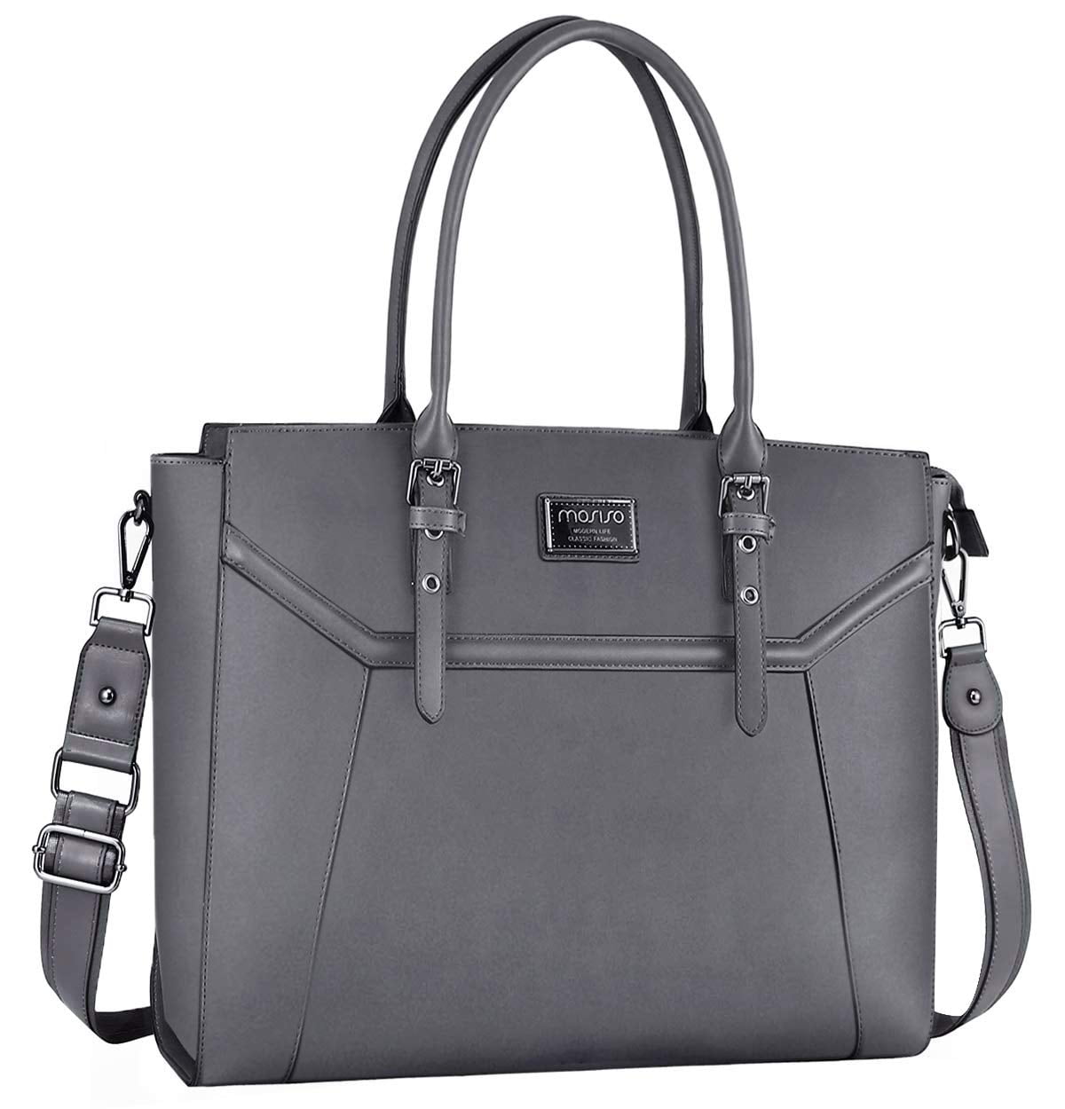 ,Premium PU Leather Business Work Travel Shoulder Handbag with Thick Shockproof Compartment&Adjustable Top Handle Compatible MacBook&Notebook,Gray Up to 17.3 Inch MOSISO Laptop Tote Bag for Women 