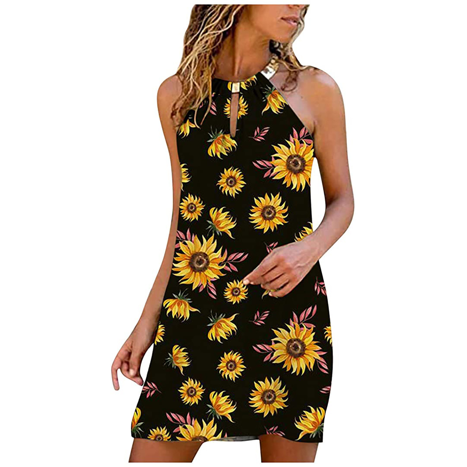 Mchoice Casual Summer Dress for Women Fashion Metal Hanging Neck Boho