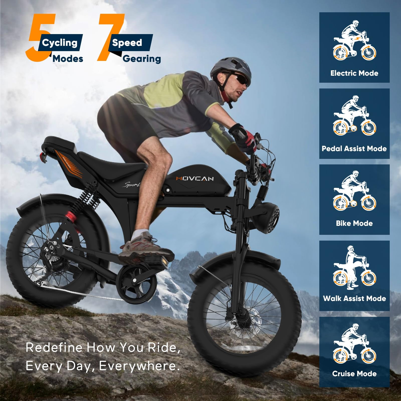 Movcan V70 Electric Bike for Adults, Peak 2500W 35mph 52V 23.4Ah Mountain Ebike,20" Fat Tire Full Suspension UL2849