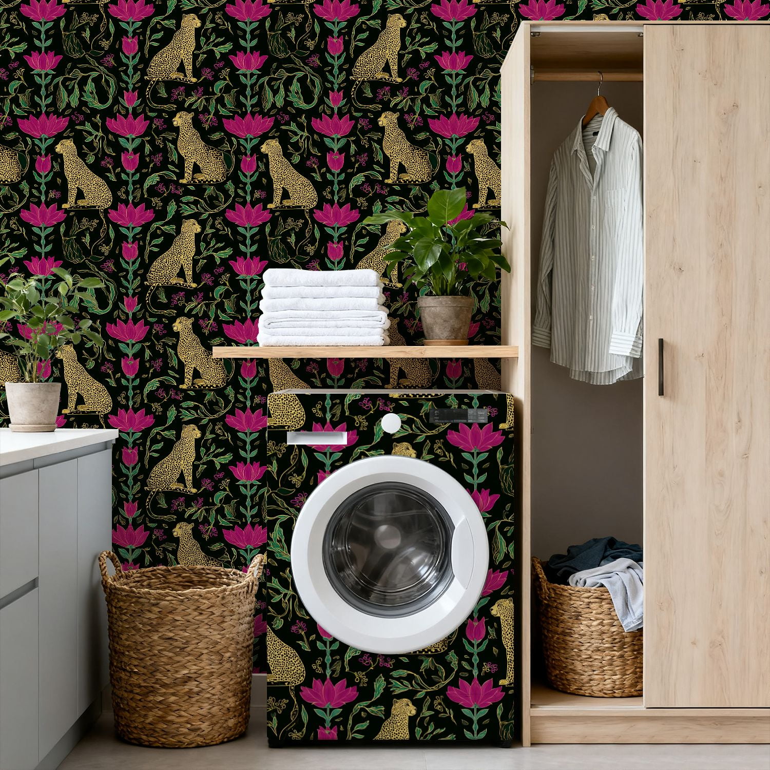 Cheetah Peel and Stick Wallpaper 17.7in x 9.8ft Golden Cheetah Lotus Floral Black Contact Paper Vinyl Waterproof Self Adhesive Wall Paper for Bedroom Shelf Cabinet Renter Friendly