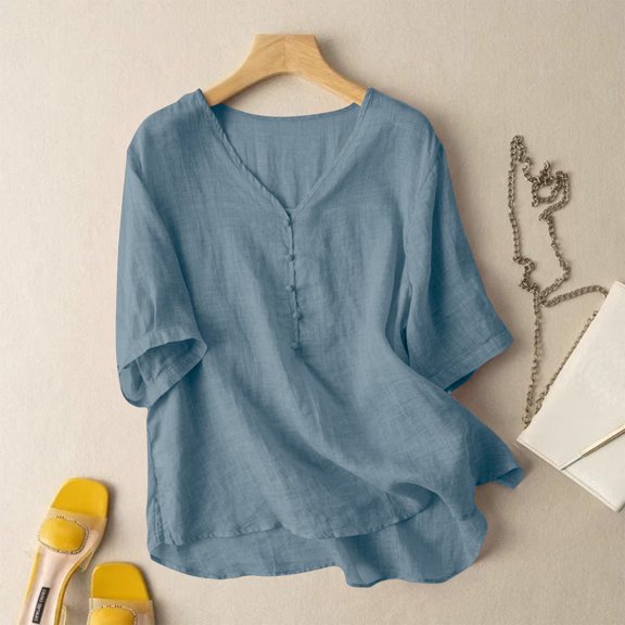 ClodeEU Women's Summer Short Sleeve V Neck Linen Blouse,Solid Color Breathable Casual Loose Top Blue,Women's Plus L