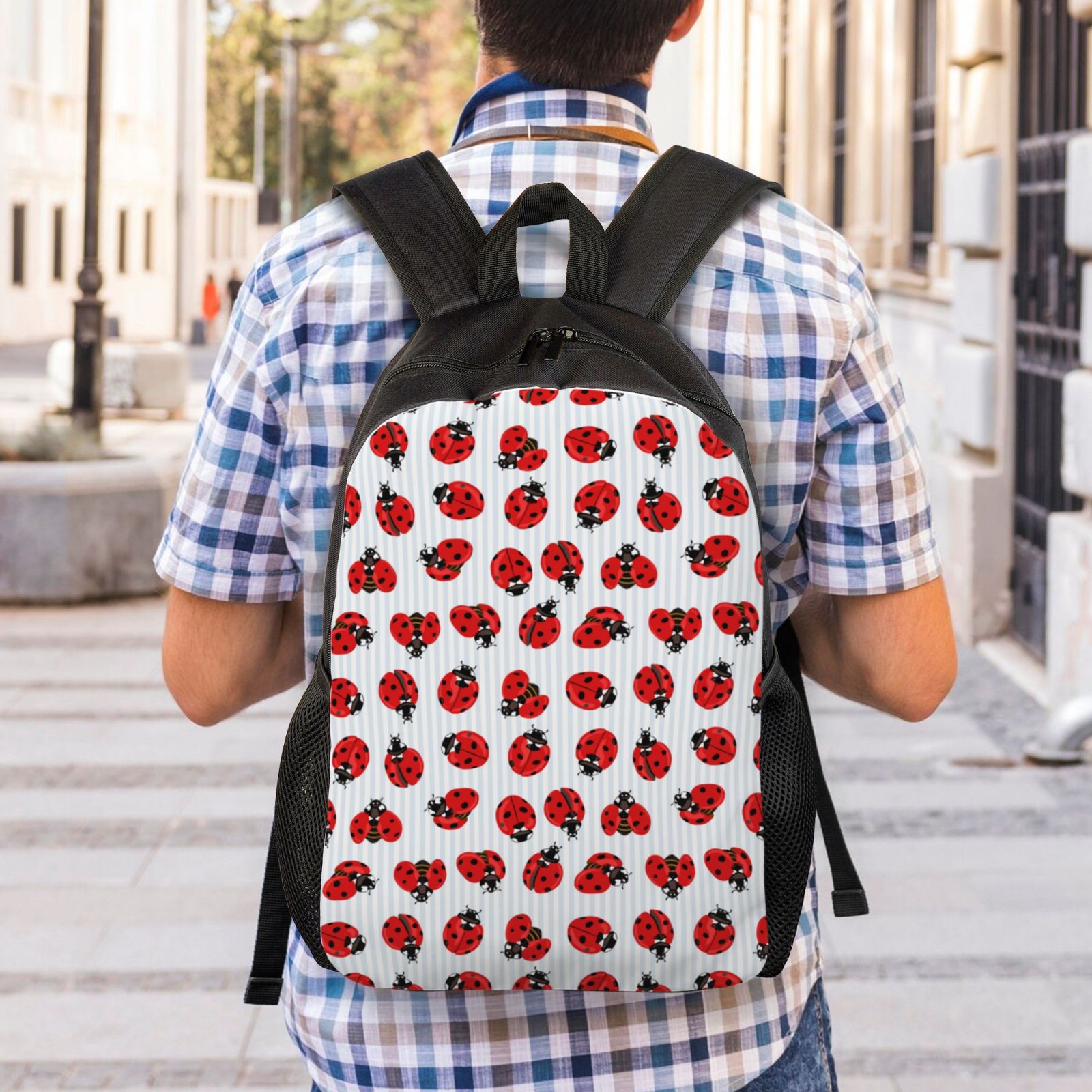 Xecao Ladybug On Blue Stripes Print School Backpack with Laptop Compartment Small Travel Laptop Backpack for Women Men Waterproof College Backpack Simple School Bag